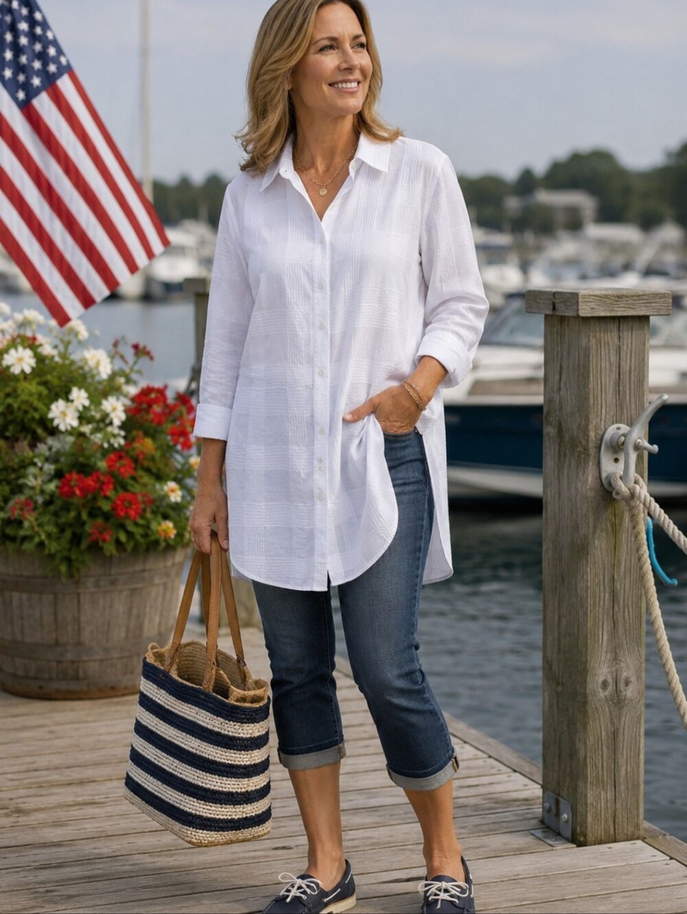 Foxcroft White Textured Button-Front Tunic Career Classic Coastal Wrinkle Free